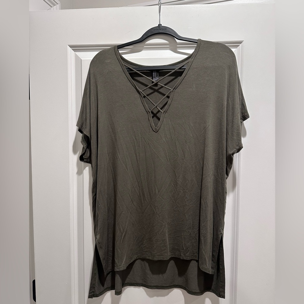 Forever 21 Olive Short Sleeve Top with Crisscross Neckline